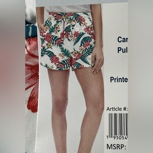 Caribbean Joe White Floral Drawstring Shorts with Green& Pink Print Size S Rayon
